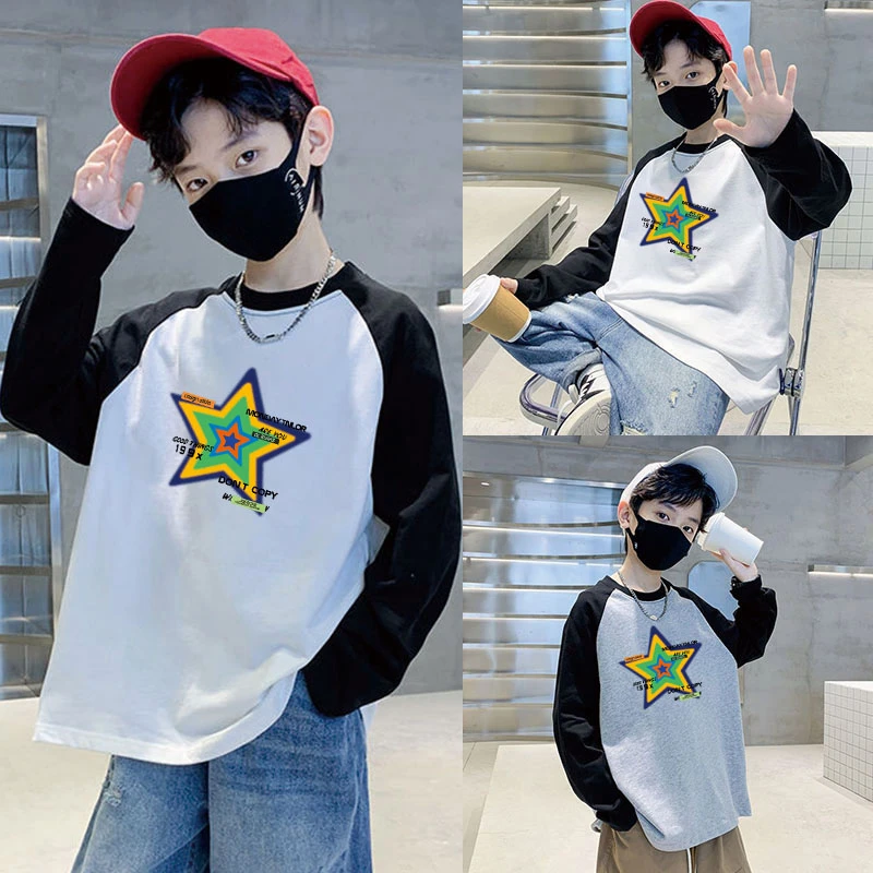 男童秋装男孩印花插肩袖T恤长袖上衣儿童打底衫圆领体恤潮牌童装