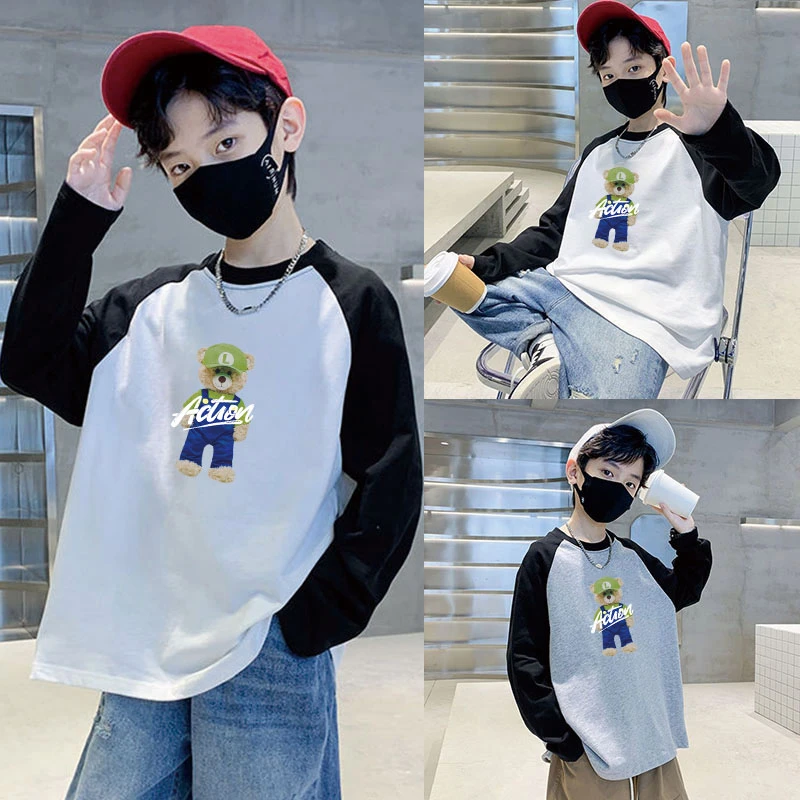 男童长袖t恤2025春秋装新款中大童插肩袖简约休闲体恤卡通上衣潮