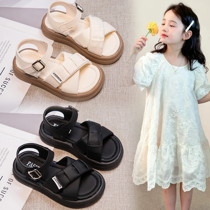 儿童夏季2024女孩沙滩鞋中大童时尚软底罗马鞋女童交叉凉鞋QQ803