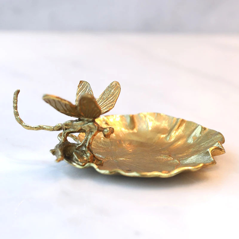 出口美国荷叶蜻蜓黄铜果盘首饰碟16*12*6.5cm G9030