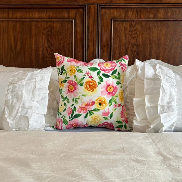 美式田园油画风格粉黄大花帆布抱枕40*40cm