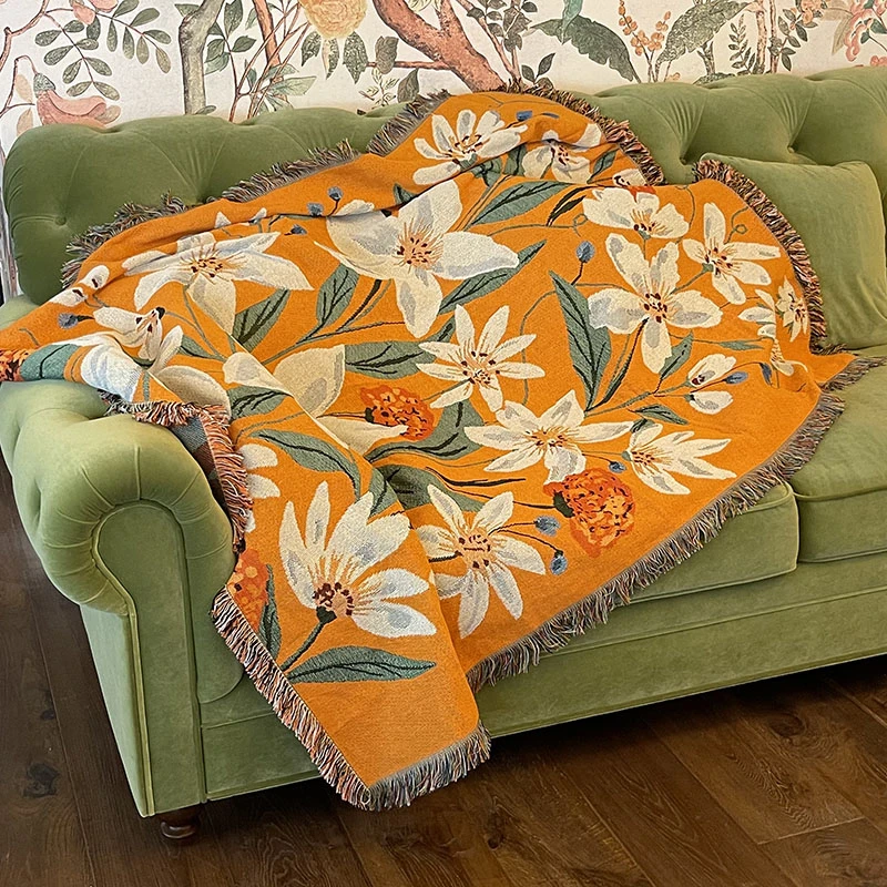 北欧橙色花卉毯子卧室沙发毯户外露营毯午睡盖毯