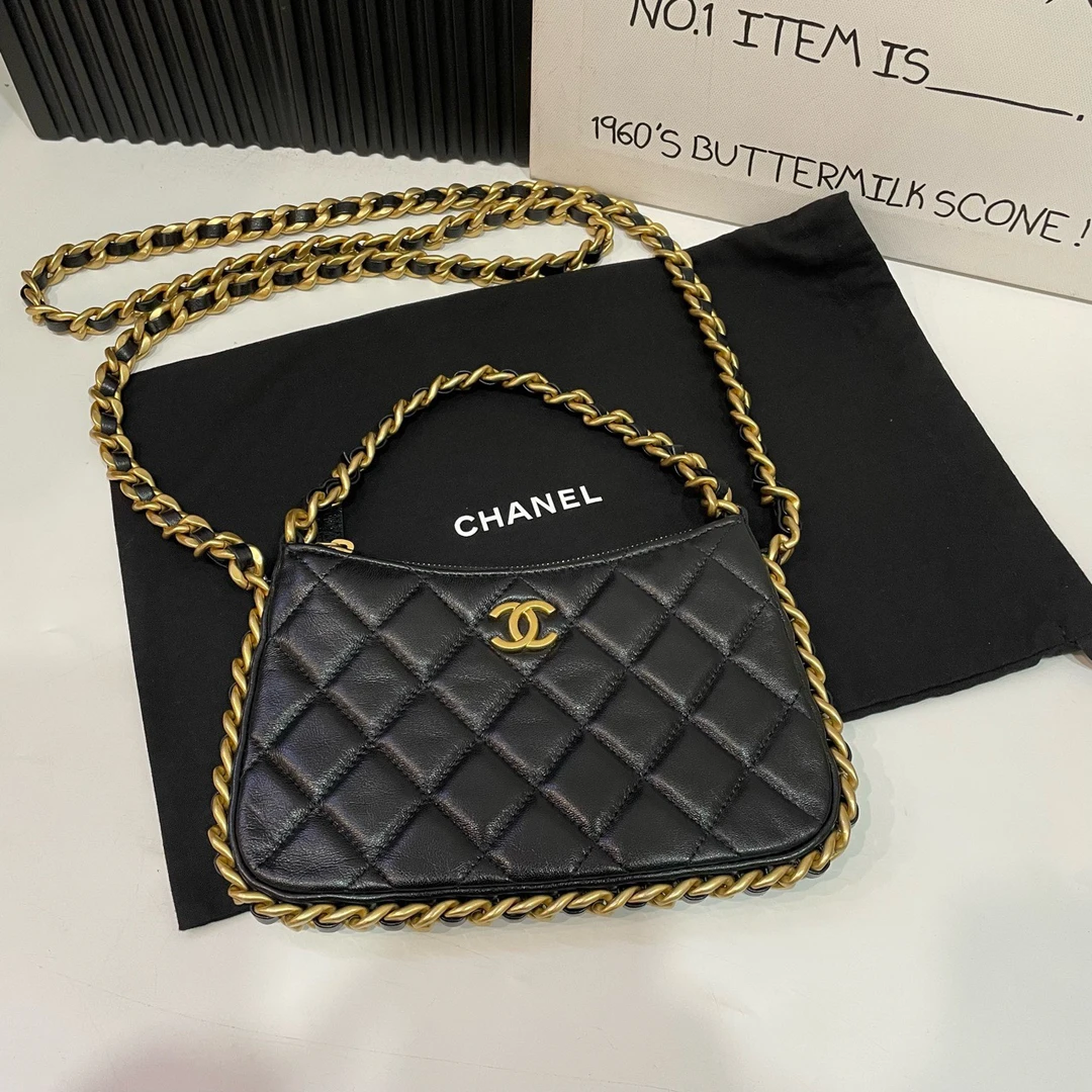 99新 Chanel/香奈儿 【蔡包紫】23b黑金滚边hobo mini