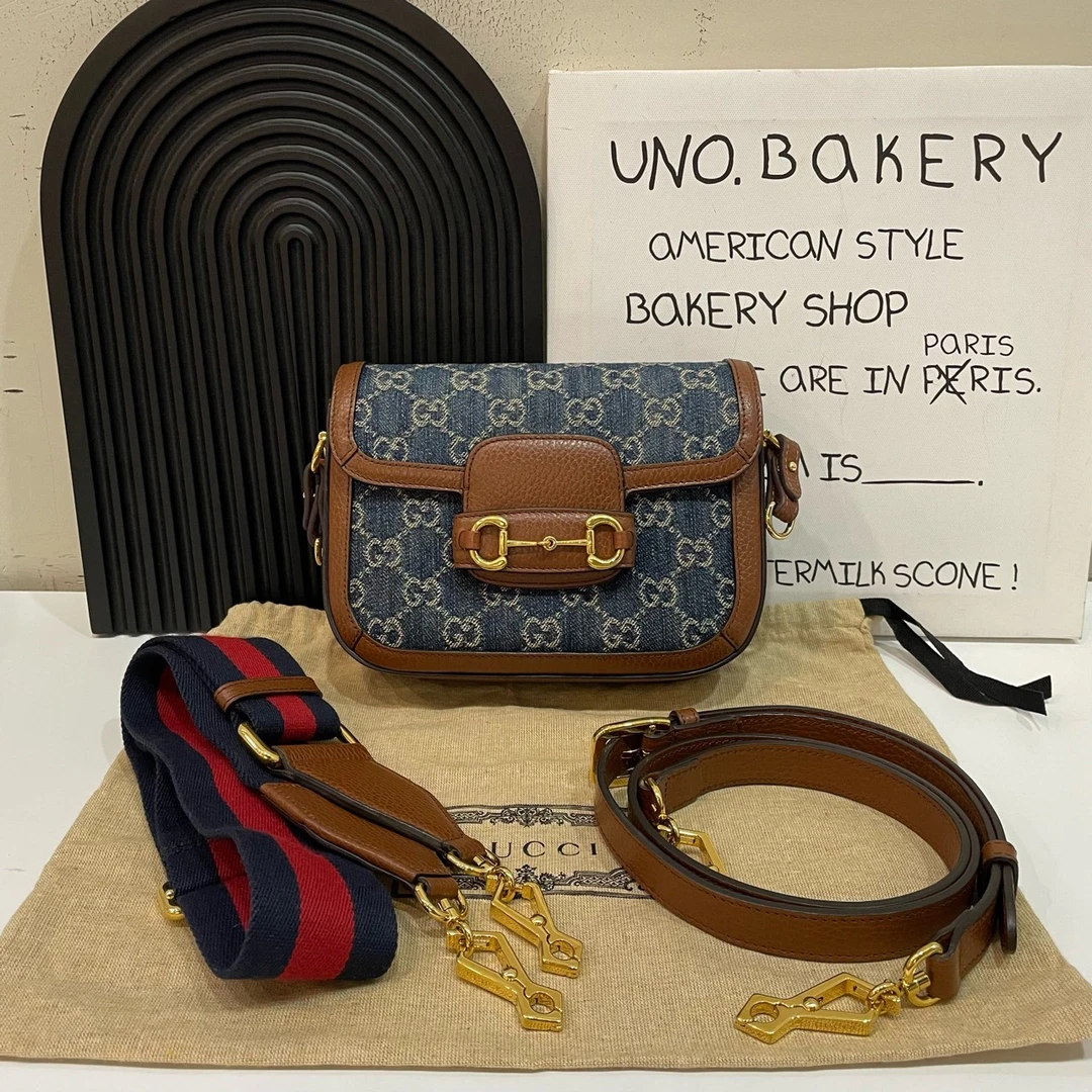 95新 GUCCI/古驰 【蔡包紫】牛仔丹宁1955马鞍包mini/9101946单肩
