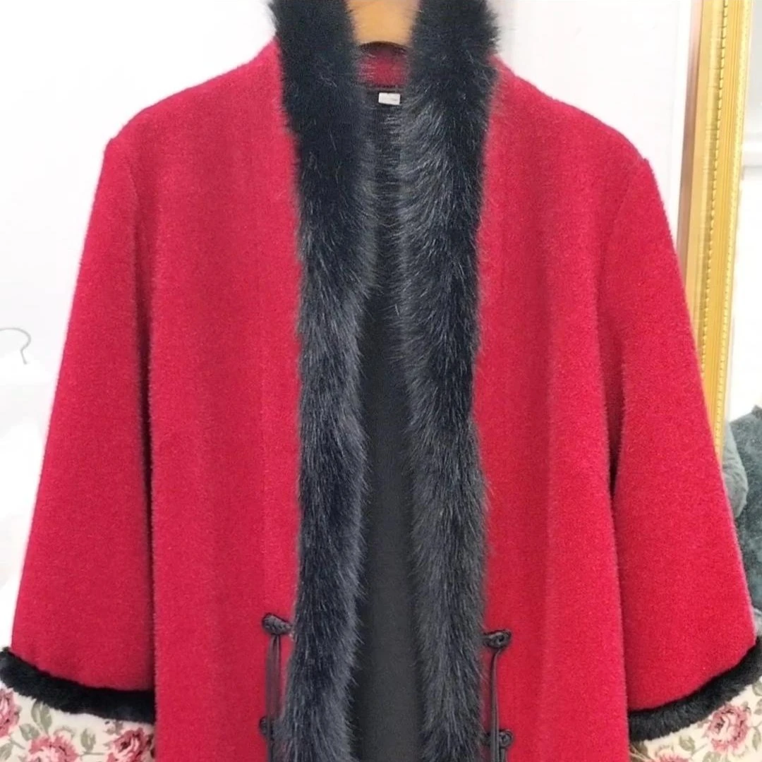 〔风雅/M29〕秋冬春新厚款绒面旗袍搭档风衣外套黑色中国风长款大衣