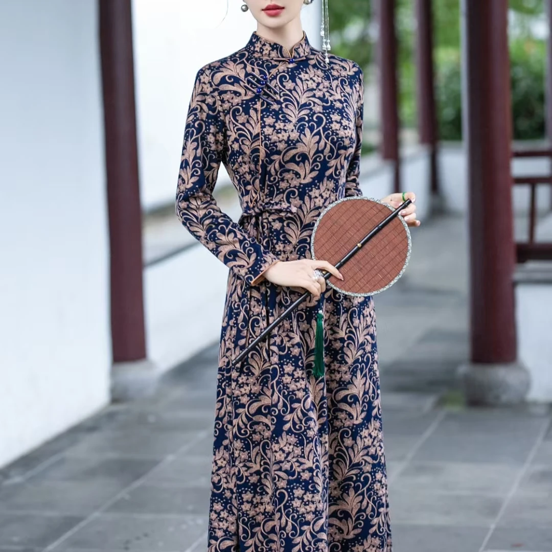 〔秋吉〕复古改良高腰显瘦旗袍裙长款气质中国风大码连衣裙秋冬长袖