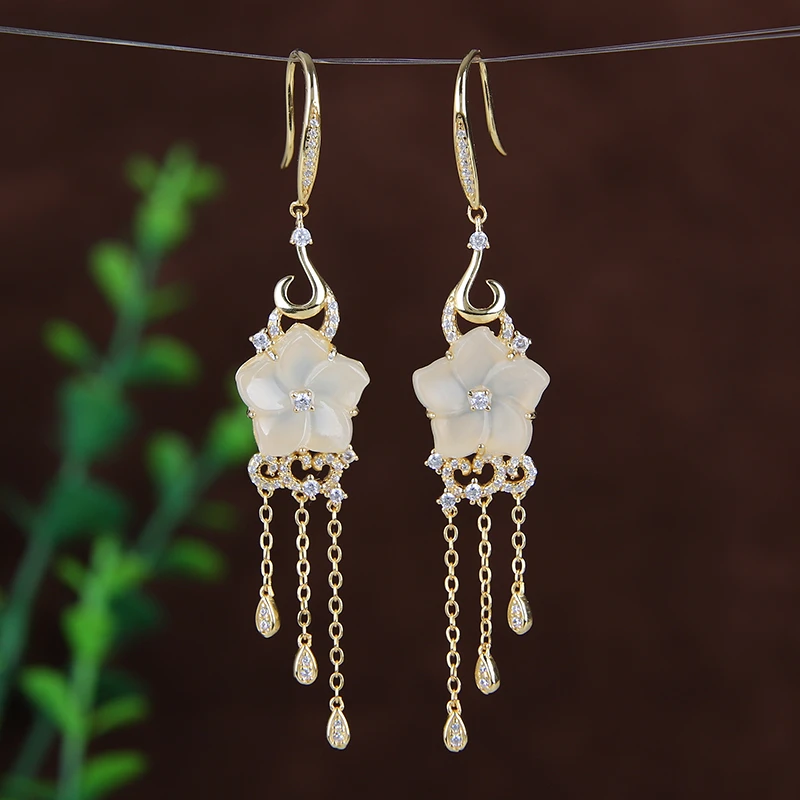 925银镶和田玉耳坠女 天然白玉梅花耳环 长款气质古风耳饰 多样性