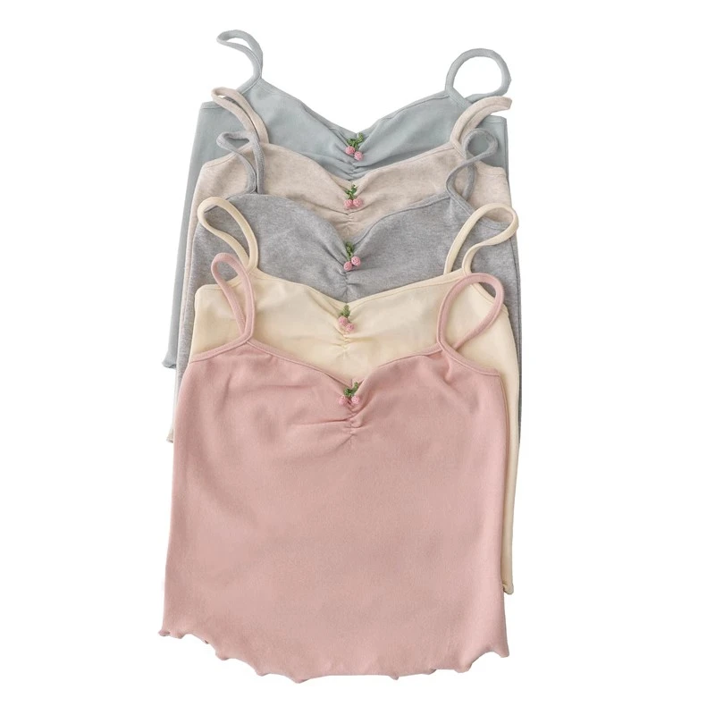 夏季新款甜美少女纯欲风樱桃抽褶磨毛纯棉短款小吊带背心内搭上衣