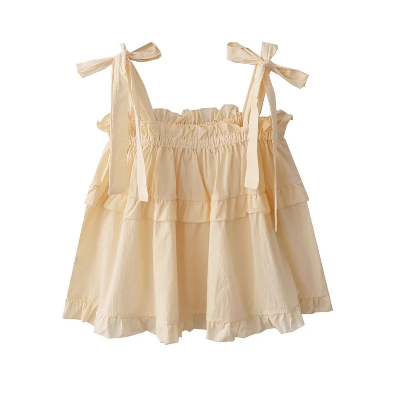 自制夏季新款日系甜美宽松娃娃款系带蝴蝶结吊带衫女纯色背心上衣