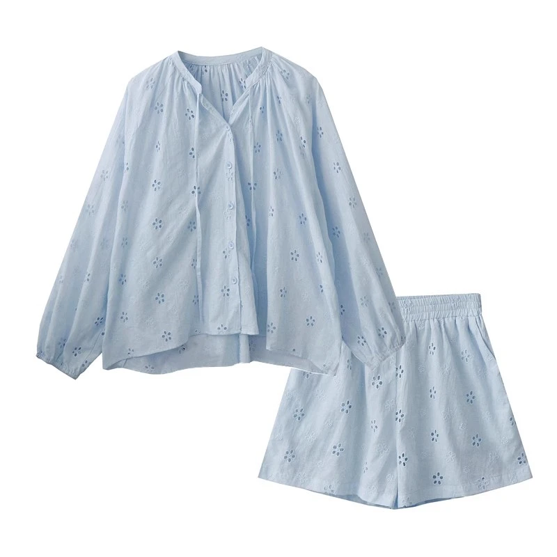 0162夏季新款复古重工艺镂空刺绣宽松纯棉衬衫+阔腿短裤两件套装