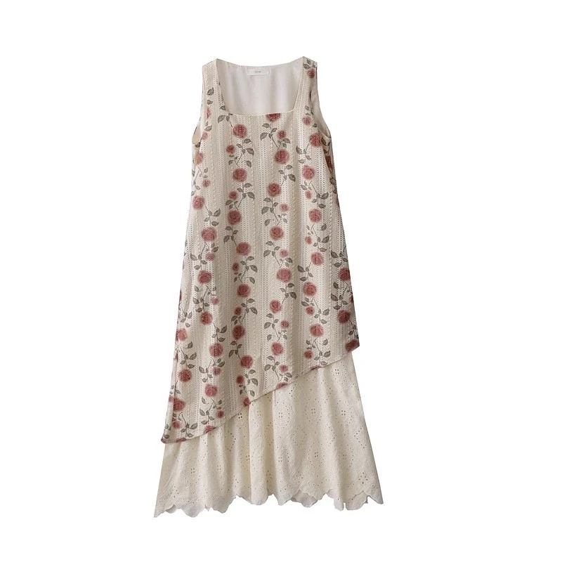 10197温柔度假风玫瑰印花镂空蕾丝方领背心裙连衣裙假两件长裙