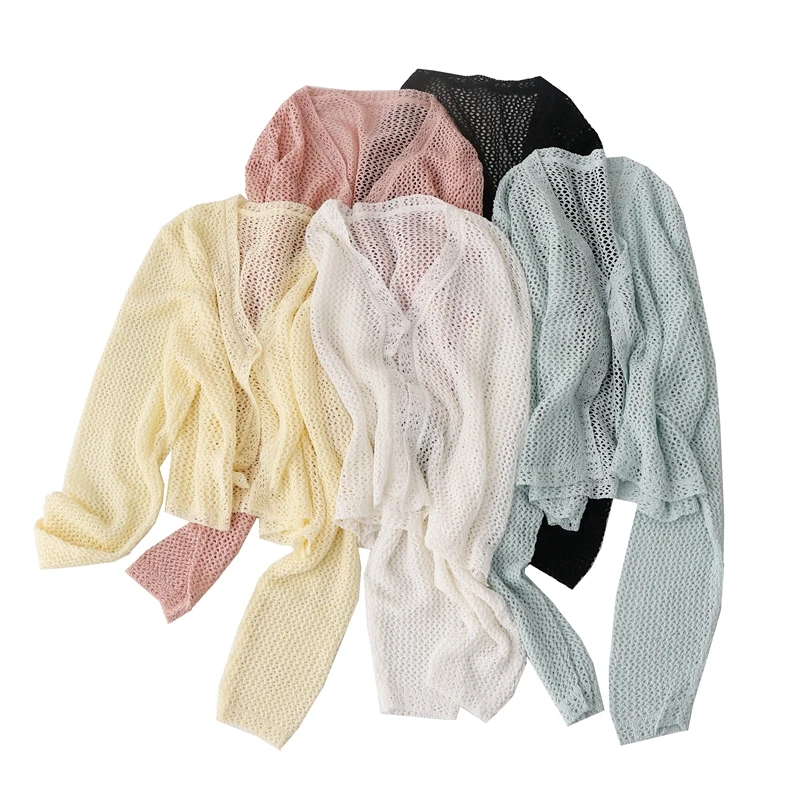 夏季新款韩版宽松显瘦高腰短款一粒扣镂空薄款长袖针织衫外套上衣