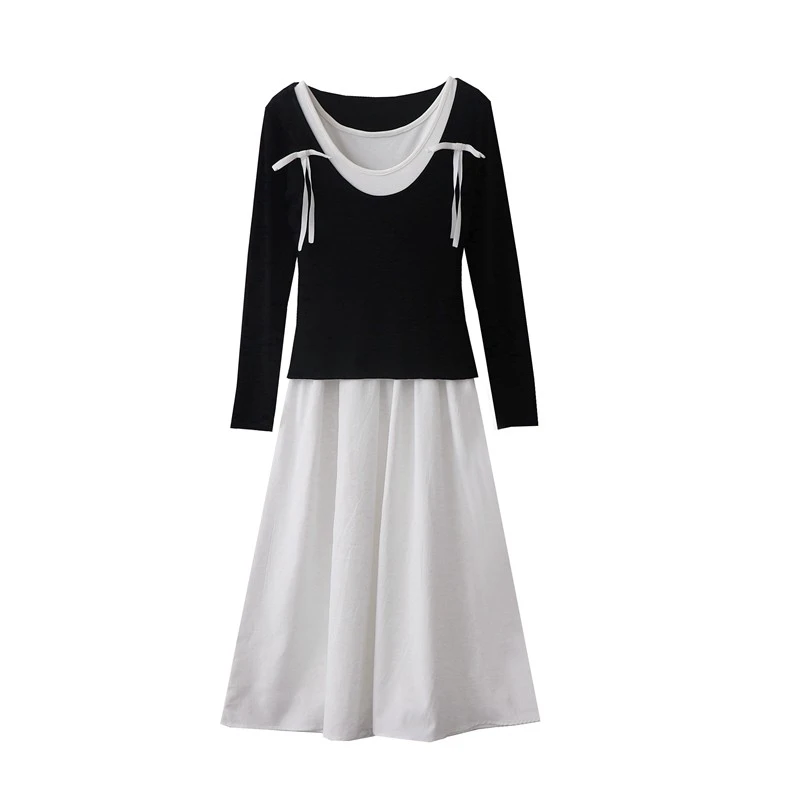 2025早秋新款法式复古赫本风气质蝴蝶结T恤+连衣裙长裙两件套装女