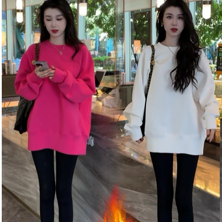 加绒加厚休闲运动套装女冬季新款宽松显瘦圆领卫衣打底裤两件套潮