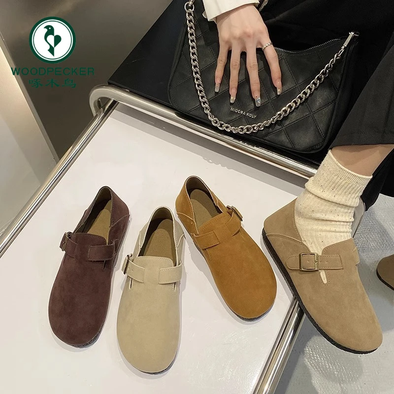啄木鸟复古勃肯鞋2024秋冬新款百搭一脚蹬豆豆鞋日系休闲丑萌单鞋