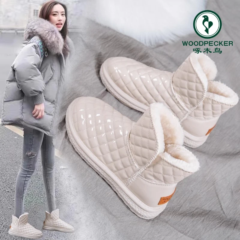 啄木鸟雪地靴女皮毛一体雪地棉2025冬季新款加绒加厚防滑保暖棉鞋