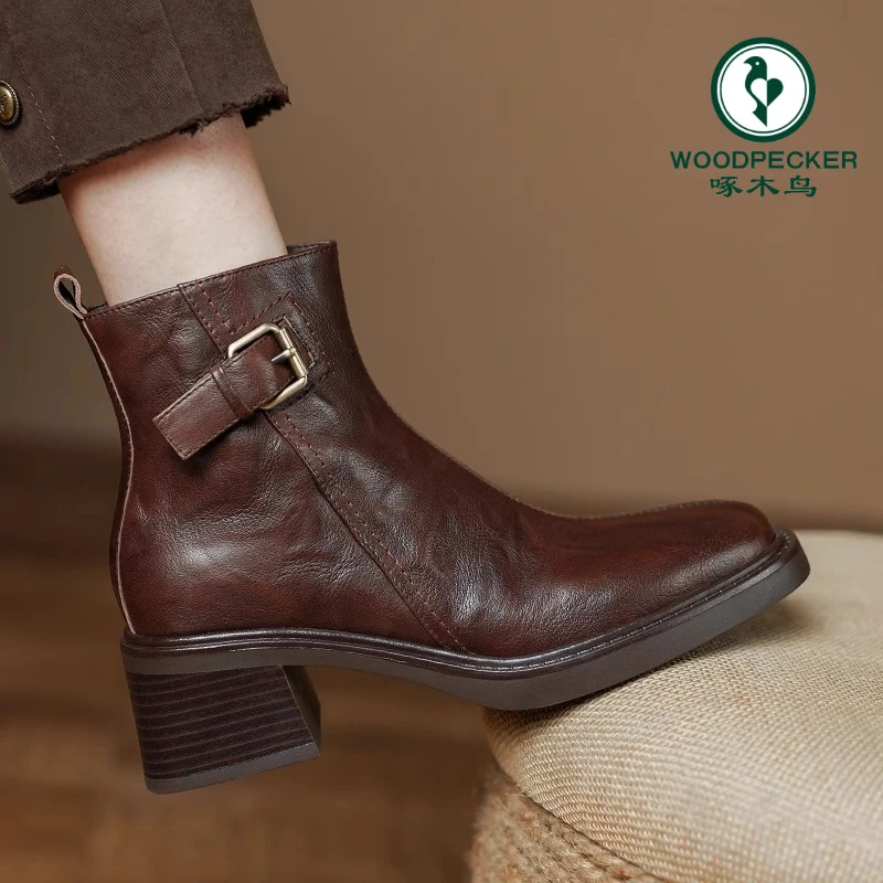 啄木鸟英伦风粗跟中跟短靴女2024秋冬新款方头切尔西靴显瘦马丁靴