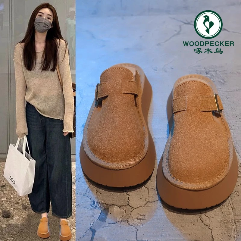 啄木鸟厚底勃肯鞋女外穿2024年秋季新款包头半拖鞋懒人一脚蹬单鞋
