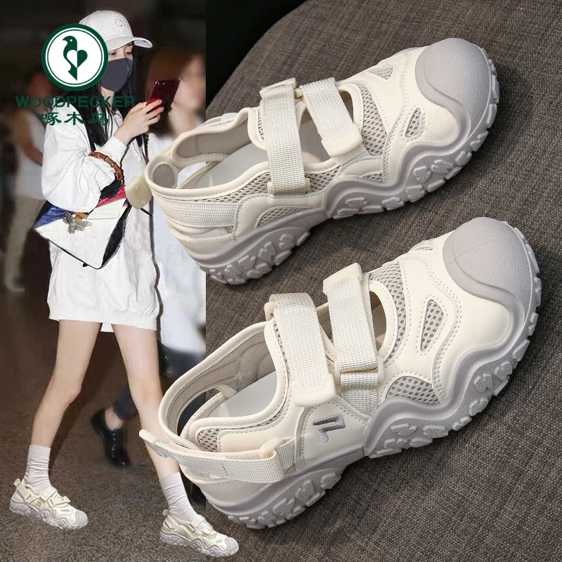啄木鸟小众丑萌包头凉鞋女2024新款夏外穿厚底透气镂空老爹罗马鞋