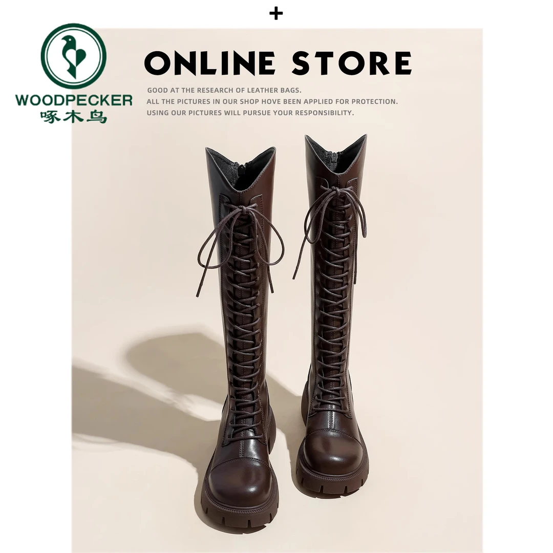 啄木鸟长筒靴女2024秋冬季显瘦粗跟厚底棕色V口高筒靴长靴骑士靴
