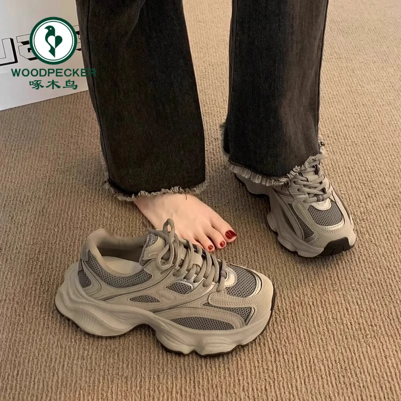 啄木鸟复古厚底灰色老爹鞋女款2024秋季新款透气显脚小休闲运动鞋