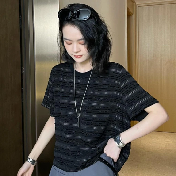 2024新款夏季宽松显瘦气质上衣黑色条纹短袖t恤女D65246