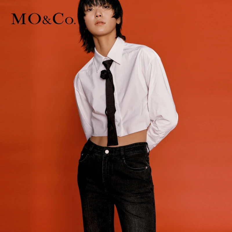 【UPF40+防晒】MOCO2024春新品玫瑰盘花领带短款白衬衫MBD1SHT003