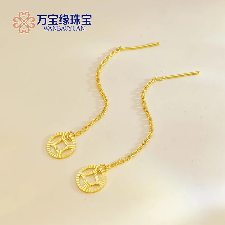 【万宝缘珠宝】足金流苏耳线闪耀车花耳线星芒款铜钱款耳线Au999