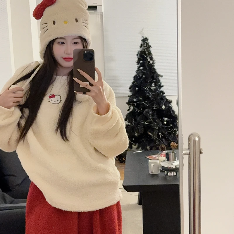 送帽子秋冬季睡衣女圆领卡通甜美软绵绵米粒绒加厚保暧家居服套装