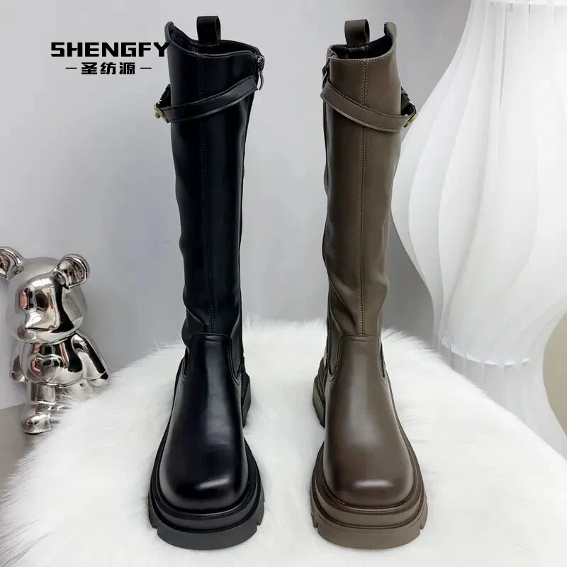 胖mm加肥加宽厚底高筒靴女英伦风侧拉链加绒骑士靴女弹力长靴冬季