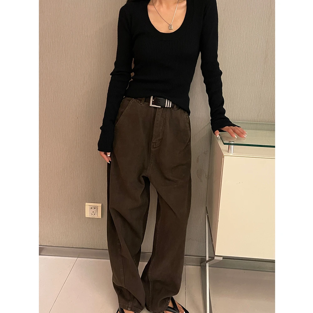 然然私服【线雕艺术】牛仔棉显瘦直筒休闲牛仔裤长裤百搭高腰宽松