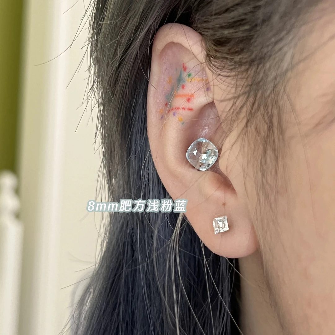 钛钢仿水晶耳饰 华子8mm肥方钻耳钉耳骨钉耳蜗钉