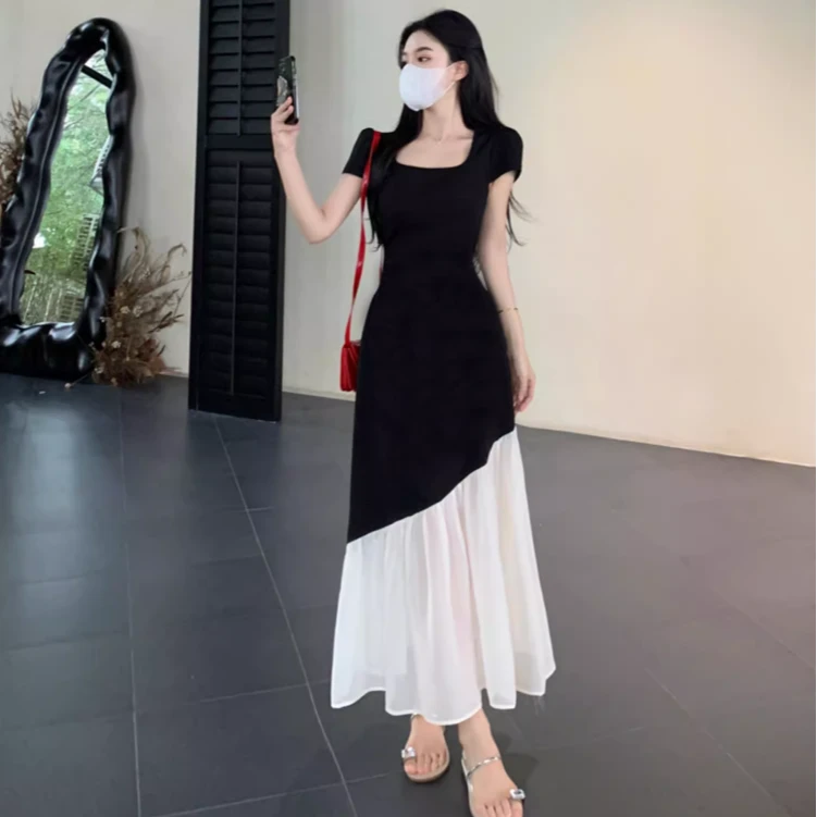 夏季新款法式设计感拼接裙子小众收腰显瘦气质连衣裙