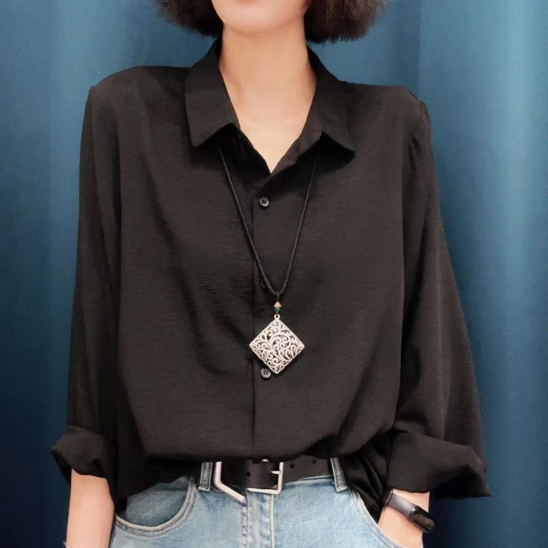 (FH)1358高品质纯色衬衣 时尚气质显瘦百搭款翻领宽松长袖韩版