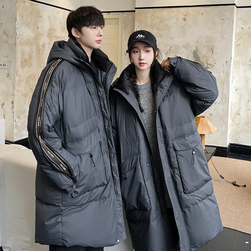 冬季长款情侣羽绒服男生休闲宽松加厚保暖连帽外套青年百搭上衣
