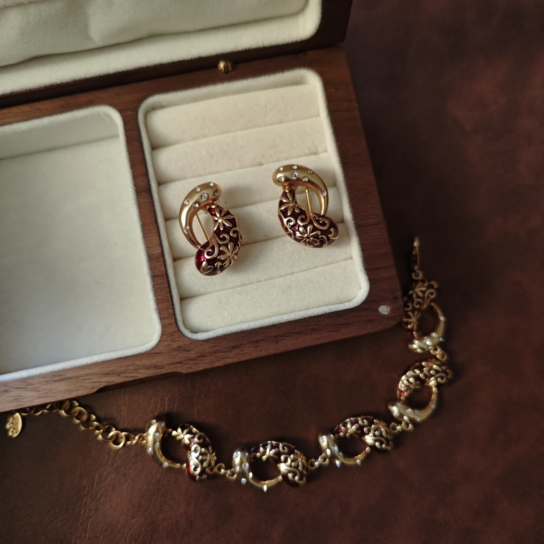 黄铜珐琅手链 时尚中古VINTAGE 复古红锦鲤新年耳饰/手链套装