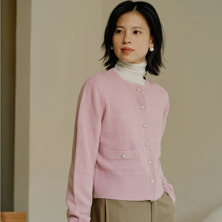 HeyDress珍珠扣圆领羊毛开衫S-L