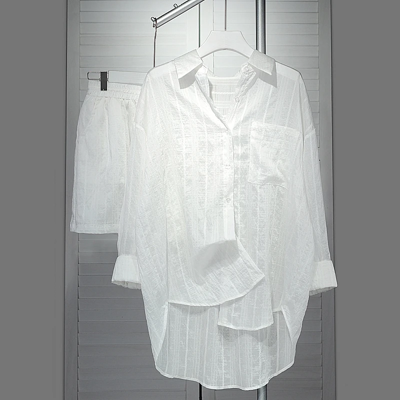 宽松显瘦白衬衫套装女夏季清凉感舒适百搭衬衣开衫薄款防晒两件套