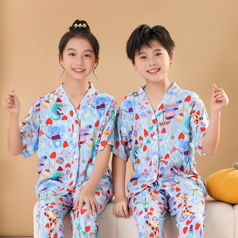 儿童薄款睡衣套装夏季男孩中大女童开衫棉绸短袖宝宝家居服空调服