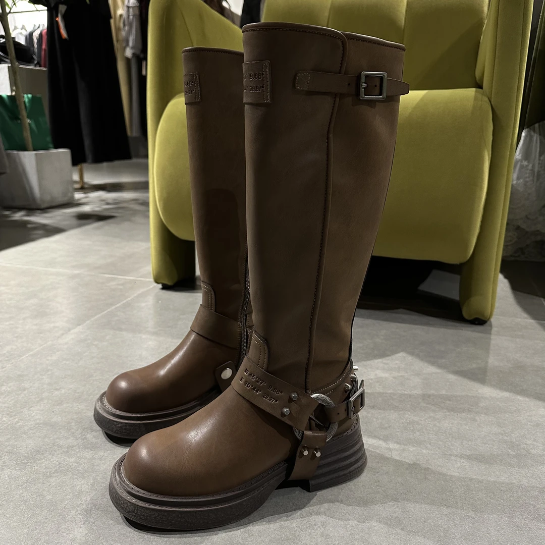 真皮透气厚底增高复古美拉德皮扣百搭长筒靴显瘦骑士靴马丁靴女鞋