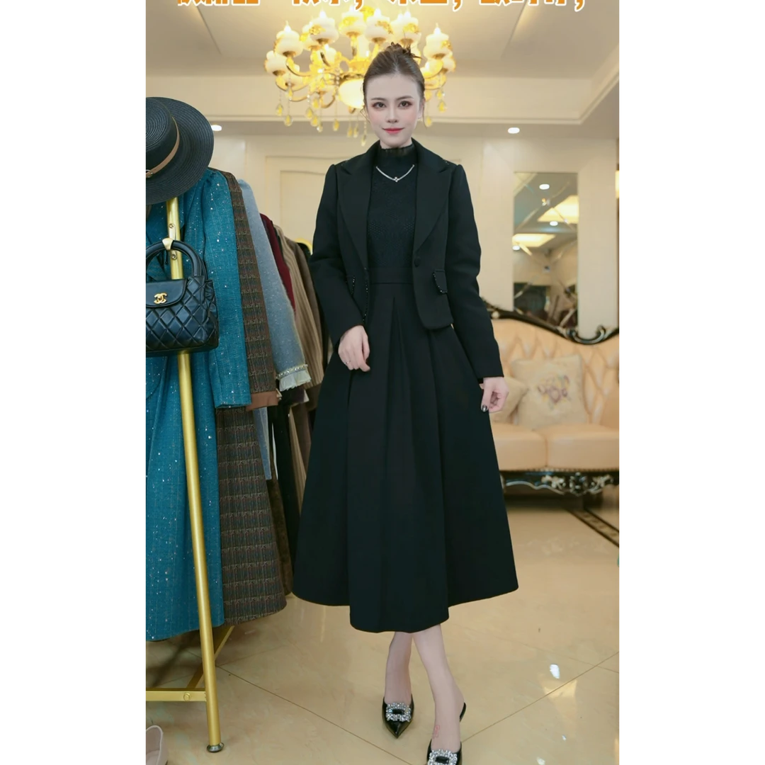 （现货）梦想服饰2024新款黑色真两件套高端商务气质大码套装1013