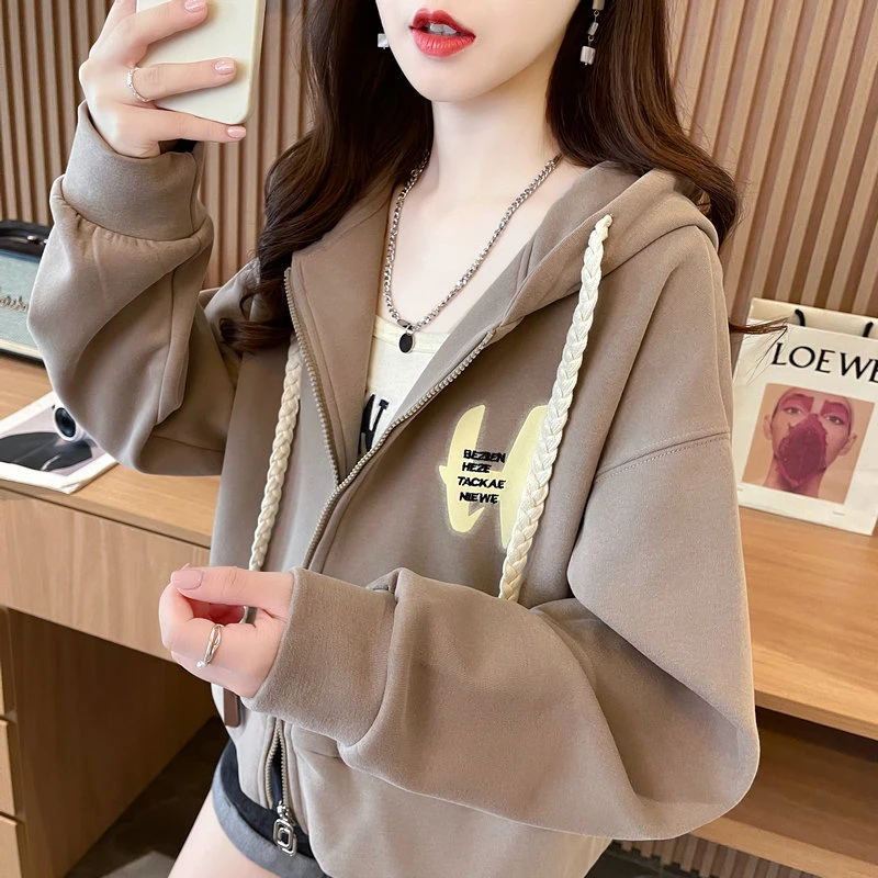 连帽卫衣开衫外穿宽松短款大码百搭潮流拉链春秋款清新校园设计感