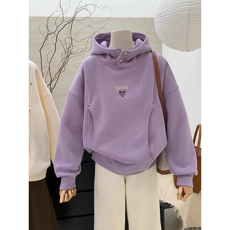 双11华棉复合真超卫衣刺绣花2024秋冬连帽保暖上衣大码女装200斤