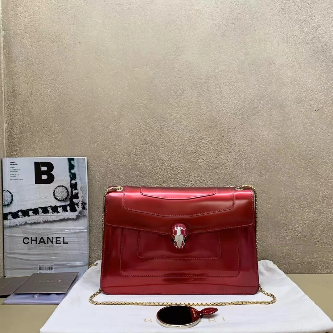 95新 BVLGARI/宝格丽  壹臻中古/红色镜面蛇头包中号 92018453