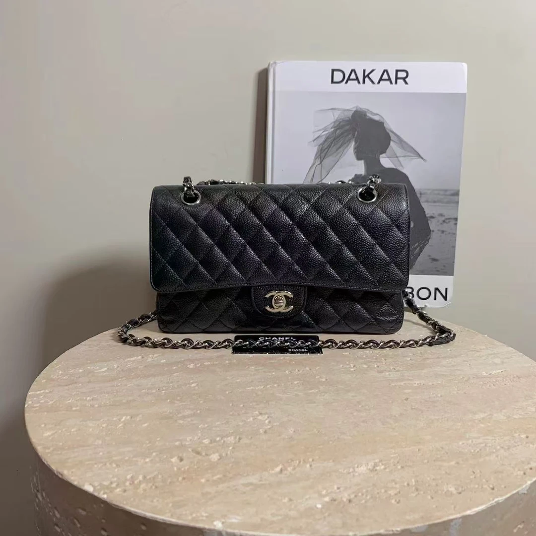 95新 Chanel/香奈儿  壹臻/黑银荔枝cf中号单肩包 16开 66019111