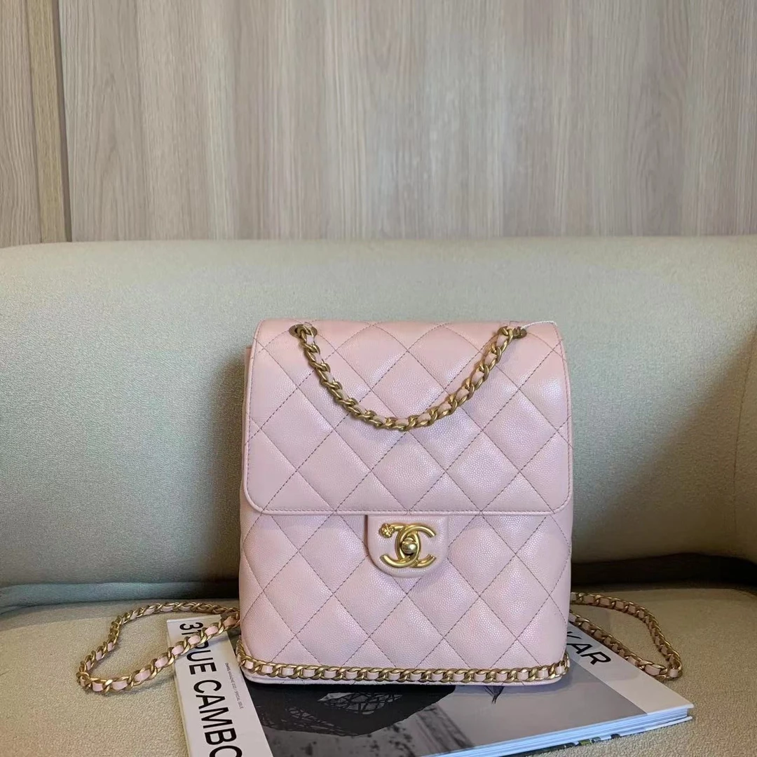 99新 Chanel/香奈儿 壹臻中古/樱花粉ado皮穿链双肩包 87653452