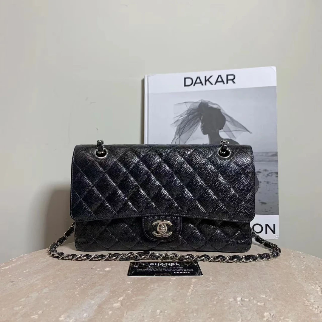 95新 Chanel/香奈儿 壹臻中古/黑银荔枝cf中号单肩包16开80387395