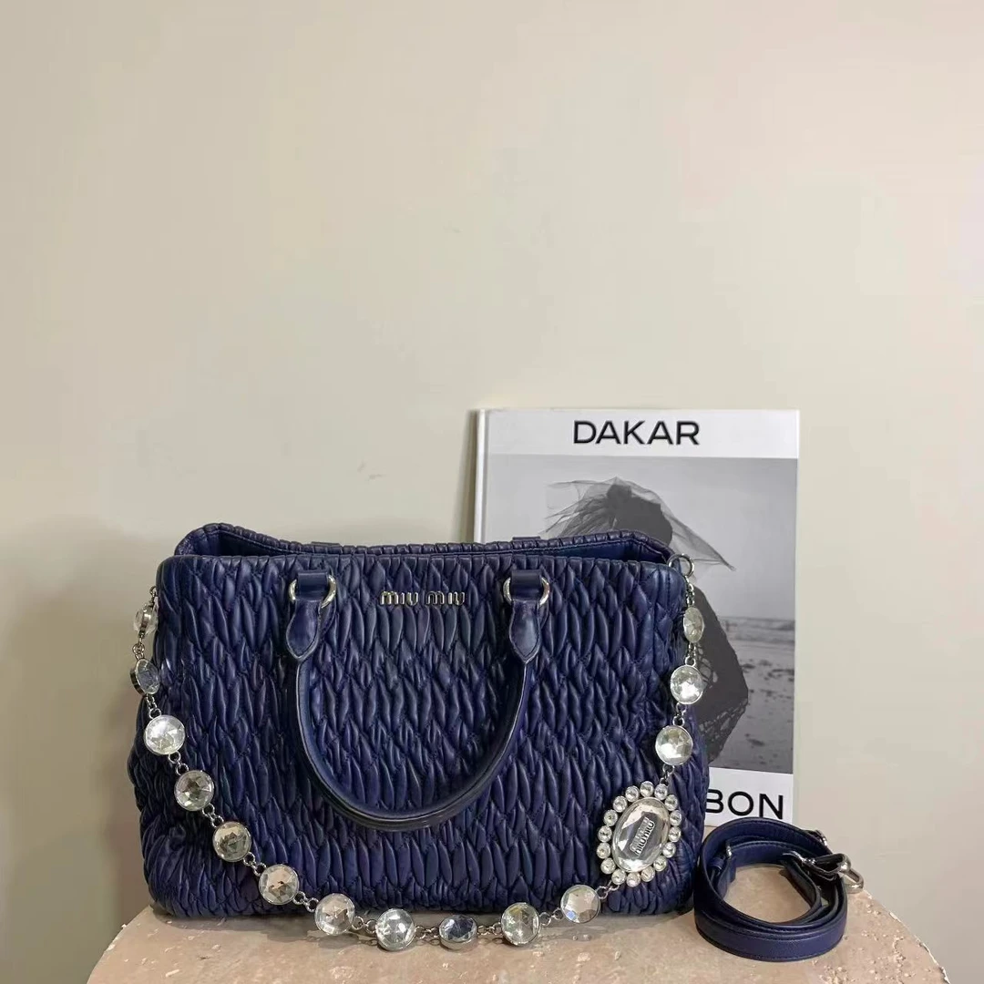 95新 MIU MIU/缪缪 壹臻中古/miumiu 蓝色褶皱tote包 86796431