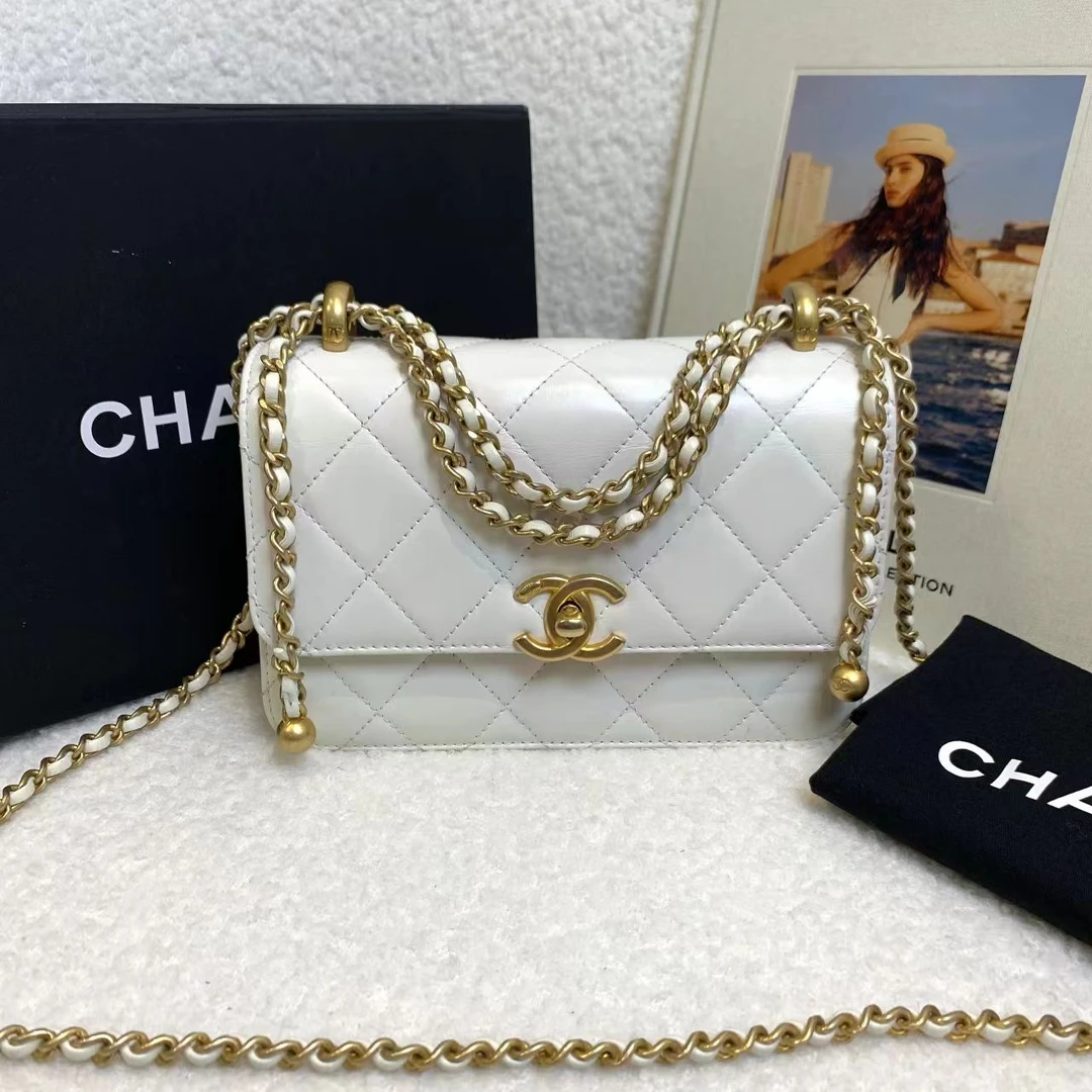 99新 Chanel/香奈儿 壹臻/ 21A  白金双金珠19口盖包/71873541