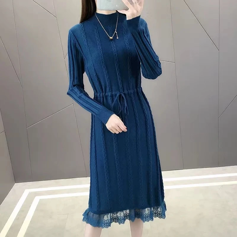 2030连衣裙女秋装年新款中长款过膝蕾丝系带针织打底裙韩版毛衣裙